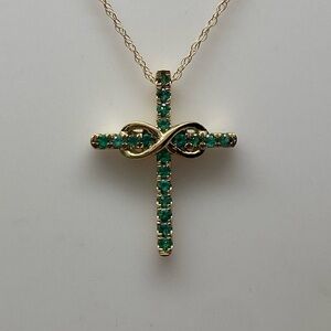 10K Yellow Gold Emerald Gemstone Infinity Cross Pendant with Chain NEW